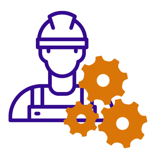 Construction worker icon with interlocking gears representing professional service.