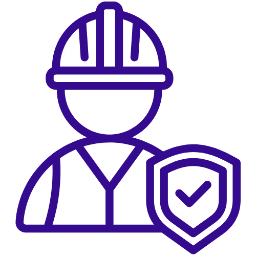 Icon of a construction worker wearing a helmet with a shield symbol, representing safety and reliability.