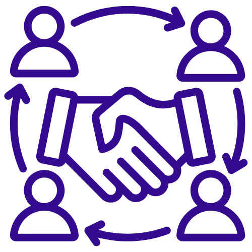Icon of a handshake surrounded by people, representing teamwork and client collaboration in construction.